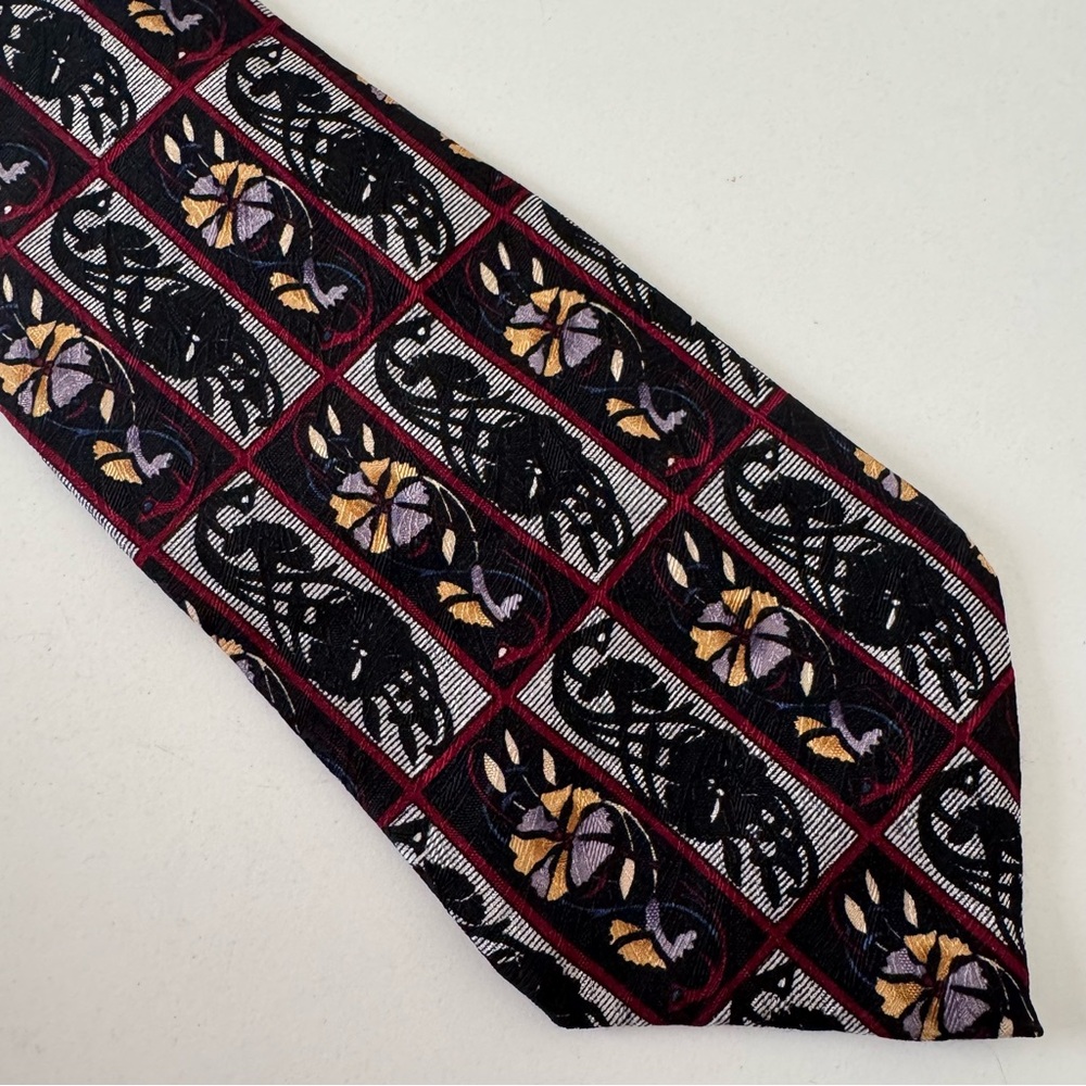 Adolfo Black Red and Gold Silk Abstract Floral Patterned Tie
